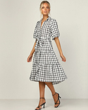 Collar Plaid Women Dress Short Sleeve High Waist Buttons Midi Dress