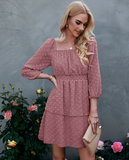 Holiday Square Collar 3/4 Sleeves A-line Dot Mini Dress Bow Tie Back Ruffle Dresses