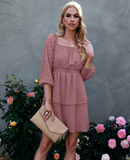 Holiday Square Collar 3/4 Sleeves A-line Dot Mini Dress Bow Tie Back Ruffle Dresses