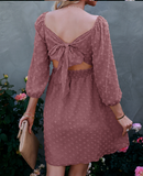 Holiday Square Collar 3/4 Sleeves A-line Dot Mini Dress Bow Tie Back Ruffle Dresses