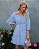 Holiday Square Collar 3/4 Sleeves A-line Dot Mini Dress Bow Tie Back Ruffle Dresses