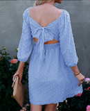 Holiday Square Collar 3/4 Sleeves A-line Dot Mini Dress Bow Tie Back Ruffle Dresses