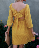 Holiday Square Collar 3/4 Sleeves A-line Dot Mini Dress Bow Tie Back Ruffle Dresses