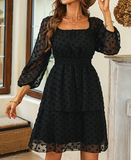 Holiday Square Collar 3/4 Sleeves A-line Dot Mini Dress Bow Tie Back Ruffle Dresses