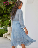 New Spring Sexy V Neck Print Dress Butterfly Sleeve High Waist Ruffles Chiffon Midi Dress