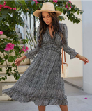 New Spring Sexy V Neck Print Dress Butterfly Sleeve High Waist Ruffles Chiffon Midi Dress