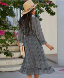 New Spring Sexy V Neck Print Dress Butterfly Sleeve High Waist Ruffles Chiffon Midi Dress