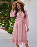 New Spring Sexy V Neck Print Dress Butterfly Sleeve High Waist Ruffles Chiffon Midi Dress