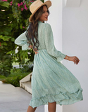 New Spring Sexy V Neck Print Dress Butterfly Sleeve High Waist Ruffles Chiffon Midi Dress