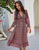 New Spring Sexy V Neck Print Dress Butterfly Sleeve High Waist Ruffles Chiffon Midi Dress