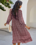New Spring Sexy V Neck Print Dress Butterfly Sleeve High Waist Ruffles Chiffon Midi Dress