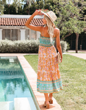 Boho Print Women Dress Summer Lace-up Slip Spaghetti Dress Fashion Beach Sundress Midi Dress