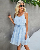 Sexy Blue Sling Ruffled Short A-line Dress Solid Sleeveless Summer Women Dress