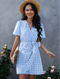 Fashion Plaid Vintage Casual Summer Dress Short Sleeve Sash Wrap Women Dress