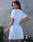 Fashion Plaid Vintage Casual Summer Dress Short Sleeve Sash Wrap Women Dress