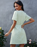 Fashion Plaid Vintage Casual Summer Dress Short Sleeve Sash Wrap Women Dress