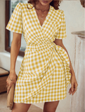 Fashion Plaid Vintage Casual Summer Dress Short Sleeve Sash Wrap Women Dress