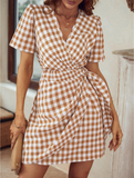 Fashion Plaid Vintage Casual Summer Dress Short Sleeve Sash Wrap Women Dress