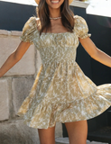 Short Sleeve Ruffle Bow Tie Print Women Dress Summer Floral High Waist Square Collar Dresses