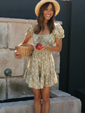 Short Sleeve Ruffle Bow Tie Print Women Dress Summer Floral High Waist Square Collar Dresses