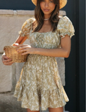 Short Sleeve Ruffle Bow Tie Print Women Dress Summer Floral High Waist Square Collar Dresses