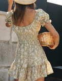 Short Sleeve Ruffle Bow Tie Print Women Dress Summer Floral High Waist Square Collar Dresses