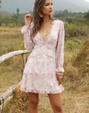 Summer Women Ruffles Chiffon Dress Boho V-neck Mini Beach Dress Long Lartern Sleeve Ladies Party Dresses