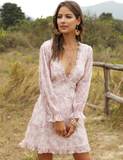 Summer Women Ruffles Chiffon Dress Boho V-neck Mini Beach Dress Long Lartern Sleeve Ladies Party Dresses