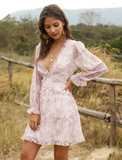 Summer Women Ruffles Chiffon Dress Boho V-neck Mini Beach Dress Long Lartern Sleeve Ladies Party Dresses