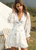 Summer Women Ruffles Chiffon Dress Boho V-neck Mini Beach Dress Long Lartern Sleeve Ladies Party Dresses