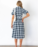 Turn Down Collar Plaid Women Dress Summer A-line High Waist Puff Sleeve Dress
