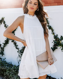 New Summer Women Dress Tie Up Ruffle O-Neck Sleeveless Solid Mini Dress