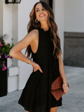 New Summer Women Dress Tie Up Ruffle O-Neck Sleeveless Solid Mini Dress