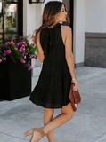 New Summer Women Dress Tie Up Ruffle O-Neck Sleeveless Solid Mini Dress
