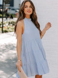 New Summer Women Dress Tie Up Ruffle O-Neck Sleeveless Solid Mini Dress