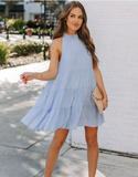 New Summer Women Dress Tie Up Ruffle O-Neck Sleeveless Solid Mini Dress