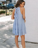 New Summer Women Dress Tie Up Ruffle O-Neck Sleeveless Solid Mini Dress