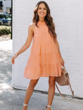 New Summer Women Dress Tie Up Ruffle O-Neck Sleeveless Solid Mini Dress
