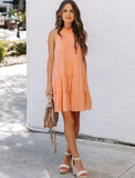 New Summer Women Dress Tie Up Ruffle O-Neck Sleeveless Solid Mini Dress