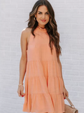 New Summer Women Dress Tie Up Ruffle O-Neck Sleeveless Solid Mini Dress