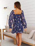 Long Lartern Sleeve A-line Print Women Boho Square Collar Short Dress Vintage Beach Dress