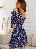 Long Lartern Sleeve A-line Print Women Boho Square Collar Short Dress Vintage Beach Dress