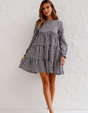 Spring Autumn Plaid Dress Robe for Women New Casual Long Sleeve O-neck Dress