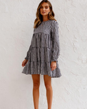 Spring Autumn Plaid Dress Robe for Women New Casual Long Sleeve O-neck Dress