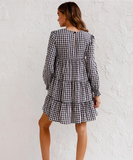 Spring Autumn Plaid Dress Robe for Women New Casual Long Sleeve O-neck Dress