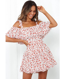 Boho Printed Mini Dress Women Slash Neck Holiday Beach Dresses A Line Short Sleeve Ruffle Dress