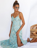Sexy V Neck Strap Buttons Beach Sundress Casual Print Long Dress Vintage Party Dress