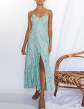 Sexy V Neck Strap Buttons Beach Sundress Casual Print Long Dress Vintage Party Dress