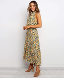 Elegant Sexy Beach Long Dress Women Fashion Print Flowers Strap Ladies Halter Boho Dress