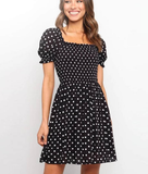 Boho Dot Printed Mini Dress Women Squared Collar Holiday A Line Short Puff Sleeve Beach Dress